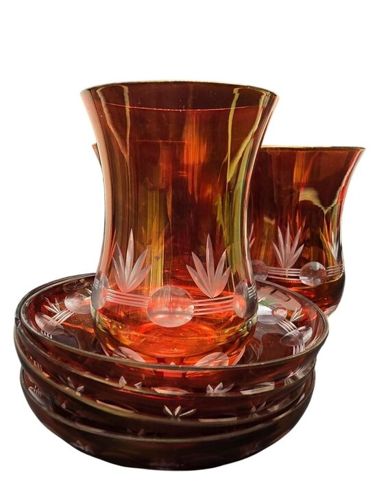 Vintage Amber Red Gold Etched Glass Turkish Tea Set With Saucers Set of 4+ HS248 - Picture 5 of 9